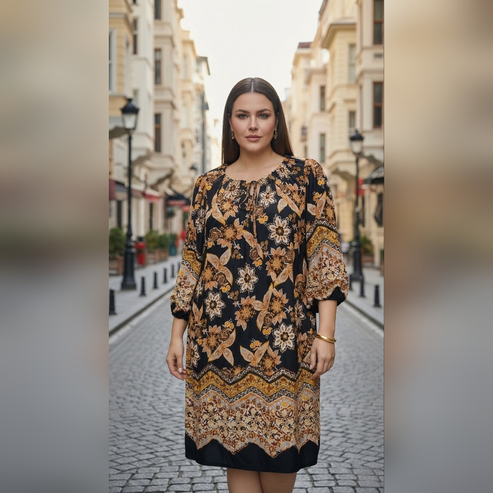 Floral Print Black And Gold Women's Midi Dress 14W NWT Boho Whimsy Career